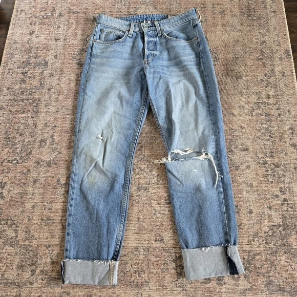 Rag & Bone Rosa Mid-Rise Boyfriend Jeans Holes Jonas Blue Denim Wash Button Fly - Picture 2 of 9